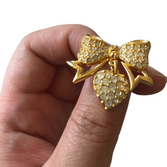 Swarovski Crystal Brooch Bow and Dangling Heart - Picture 2 of 6